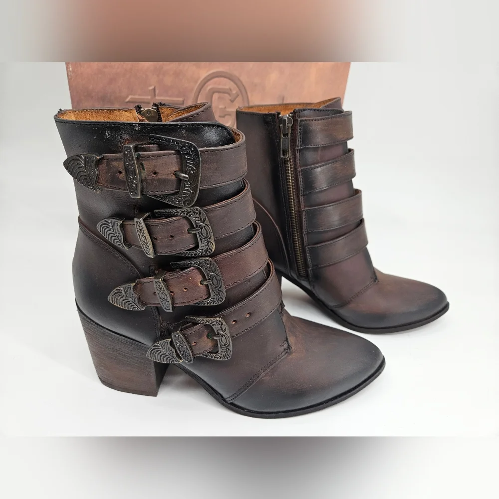 NIB Circle G by Corral Brown Western Ankle Multi Buckle Side Zip Boots 7.5 M - Picture 3 of 12